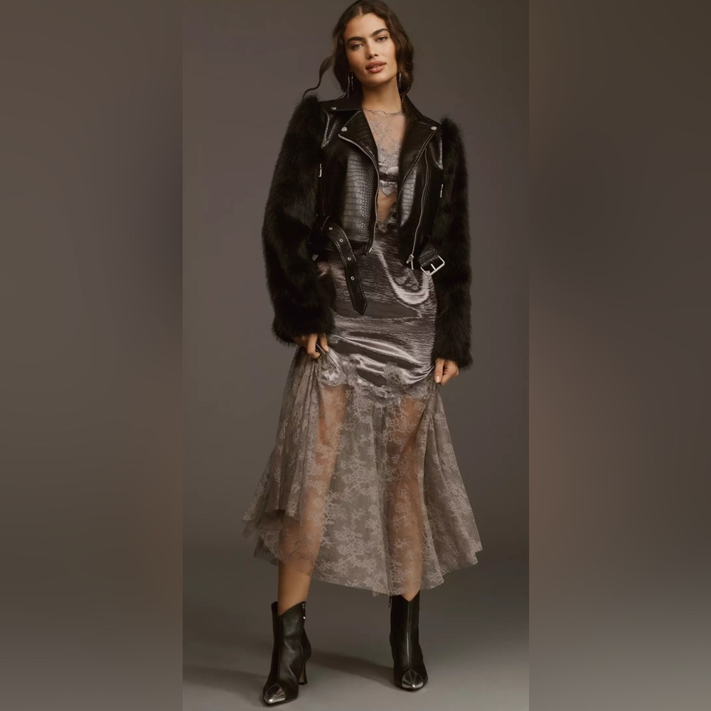 Anthropologie Avec Les Filles Textured Faux Leather Faux Fur Mix Biker Jacket SM